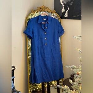 J Jill Love Linen 100% Linen Cobalt Blue Button-Up Short Sleeve Dress
